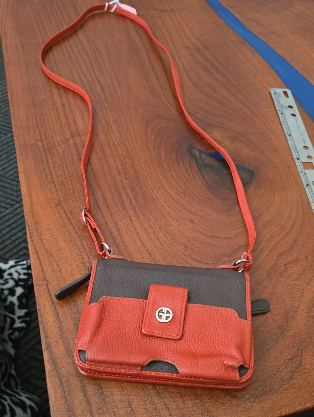 GIani Bernina Brown and Orange Leather Crossbody Bag with Logo Accent